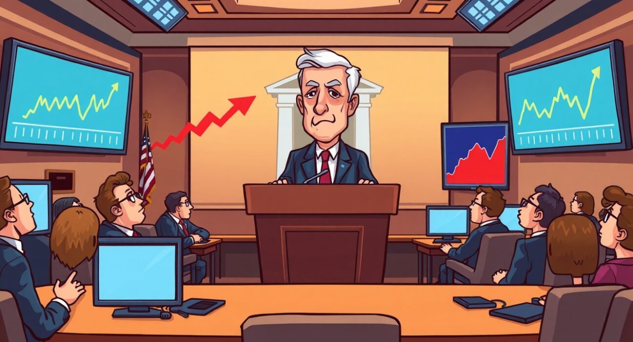 A cartoon illustration showing the anticipation around a hawkish Powell FOMC decision and its market impact.