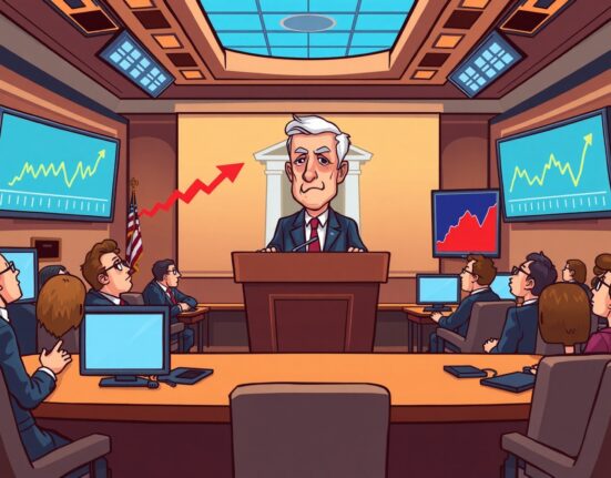 A cartoon illustration showing the anticipation around a hawkish Powell FOMC decision and its market impact.