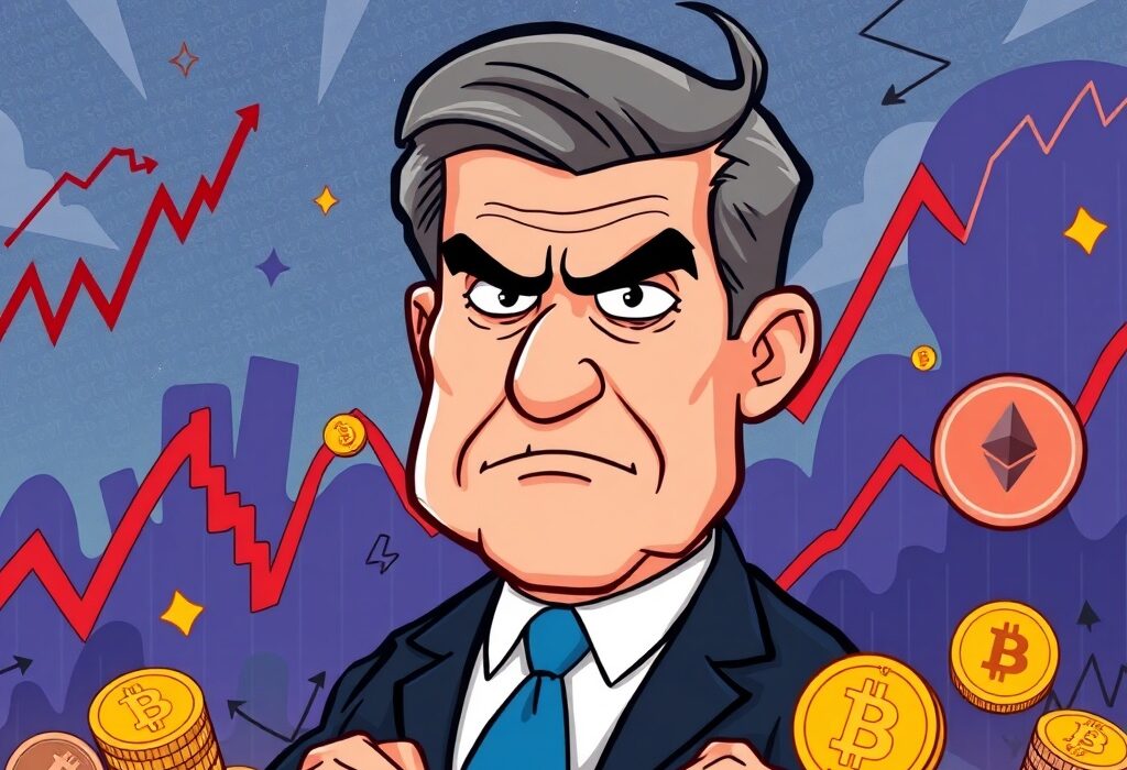 Cartoon illustration of Jerome Powell representing the Fed's hawkish stance impacting financial markets and cryptocurrency.