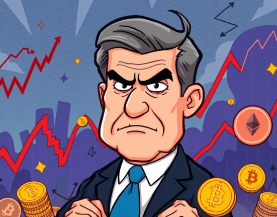 Cartoon illustration of Jerome Powell representing the Fed's hawkish stance impacting financial markets and cryptocurrency.