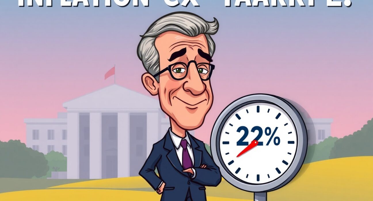 Cartoon illustration depicting Federal Reserve Chair Jerome Powell discussing inflation figures, highlighting his Powell inflation comments about nearing the 2% target.
