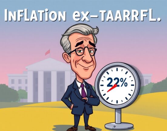 Cartoon illustration depicting Federal Reserve Chair Jerome Powell discussing inflation figures, highlighting his Powell inflation comments about nearing the 2% target.