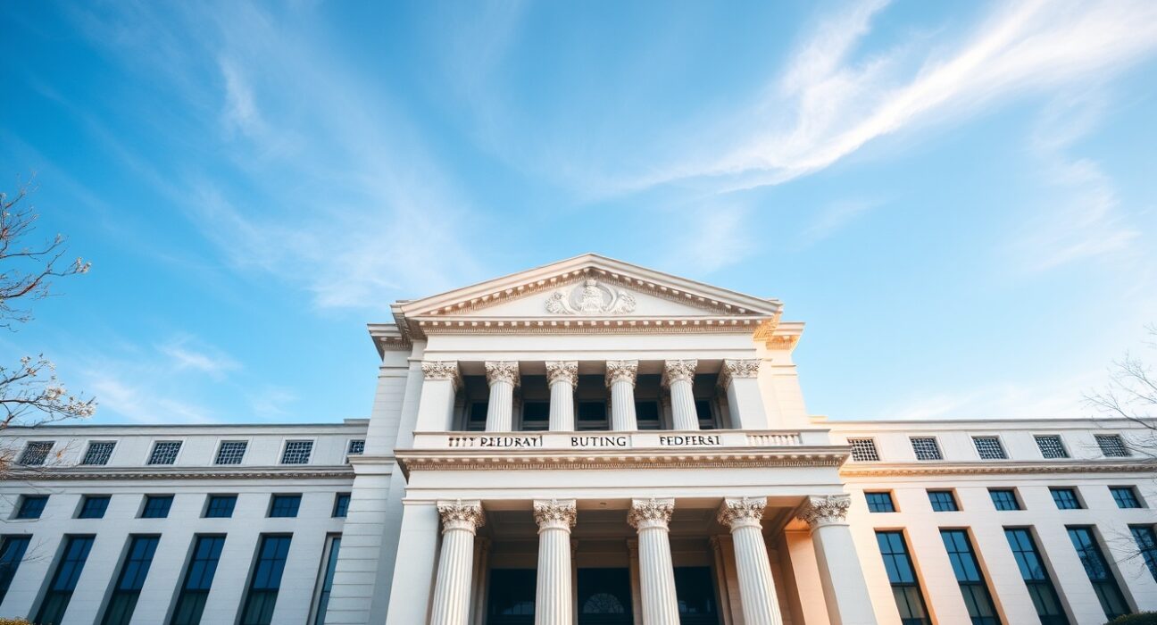 Federal Reserve building in Washington, D.C., on a sunny day, representing the central bank's leadership transition.