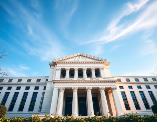 Federal Reserve building in Washington, D.C., on a sunny day, representing the central bank's leadership transition.