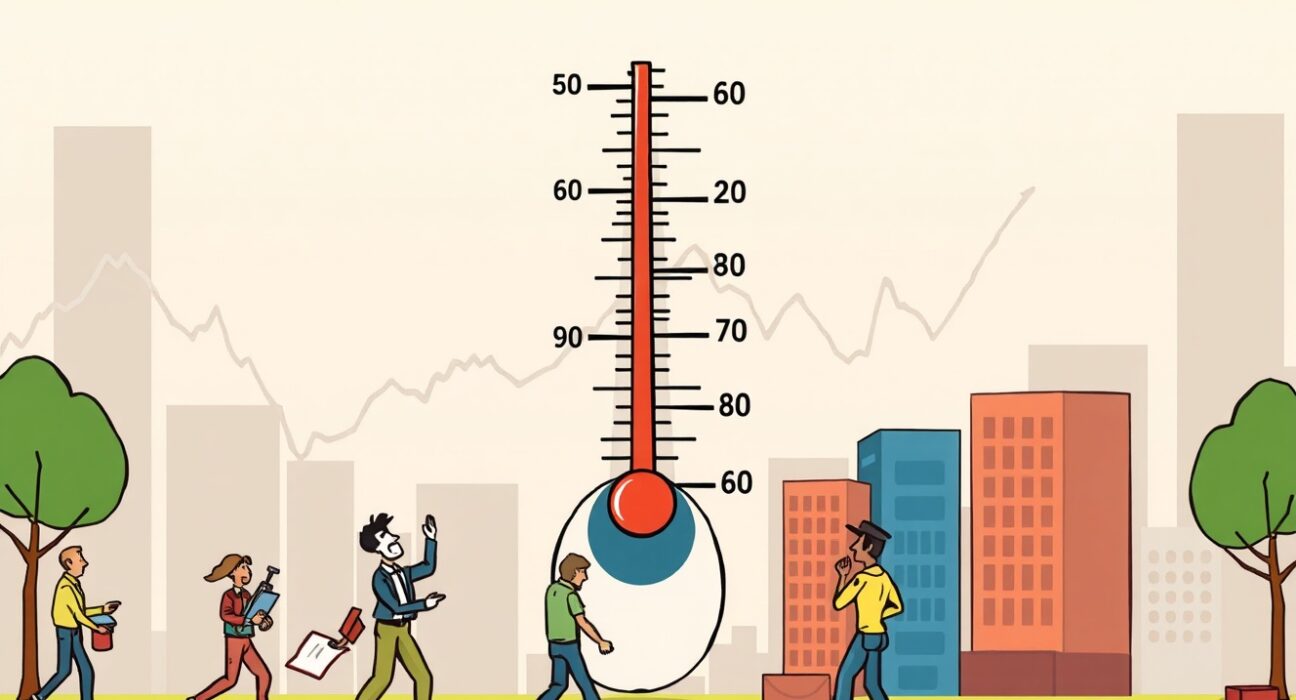 Cartoon illustration showing the US labor market cooling, with a thermometer gently dropping and workers looking less stressed.