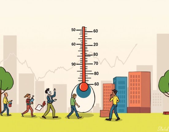 Cartoon illustration showing the US labor market cooling, with a thermometer gently dropping and workers looking less stressed.