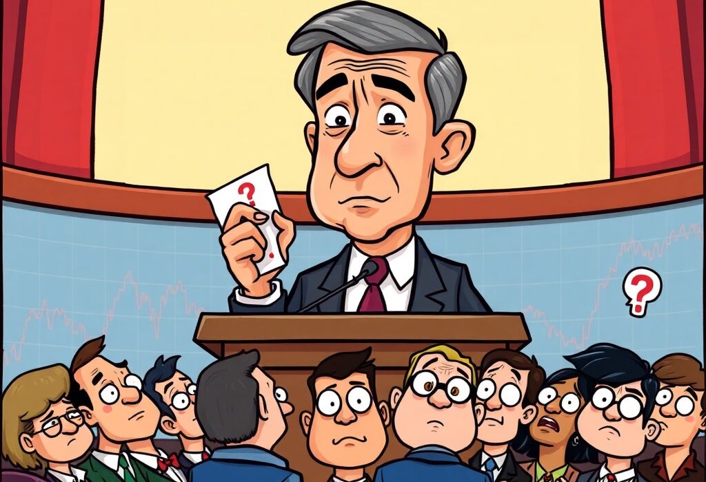 A cartoon illustration showing Jerome Powell avoiding firm Powell rate-cut guidance, symbolizing market uncertainty.