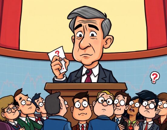 A cartoon illustration showing Jerome Powell avoiding firm Powell rate-cut guidance, symbolizing market uncertainty.