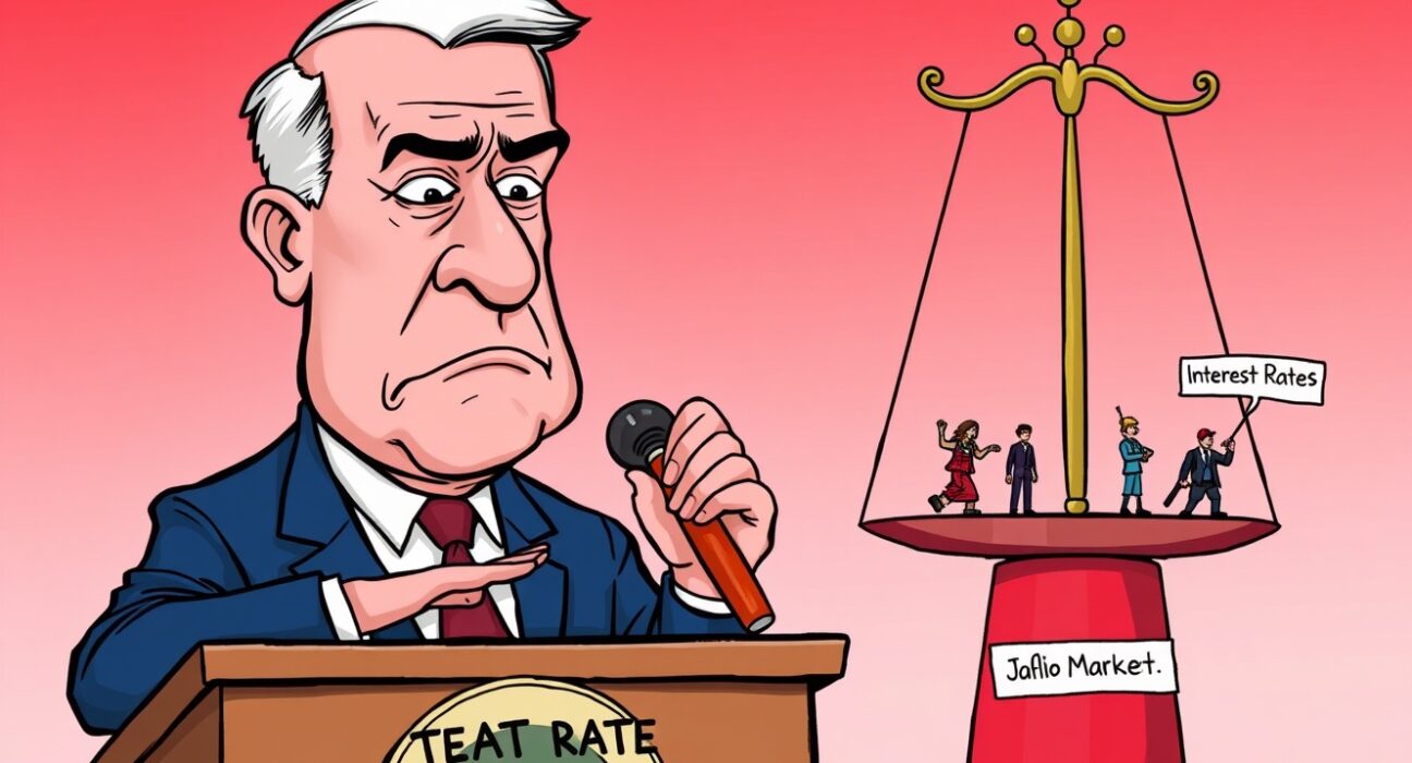 A cartoon illustration of Jerome Powell balancing the economy with potential Fed rate cuts, weighing inflation against the job market.