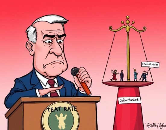 A cartoon illustration of Jerome Powell balancing the economy with potential Fed rate cuts, weighing inflation against the job market.