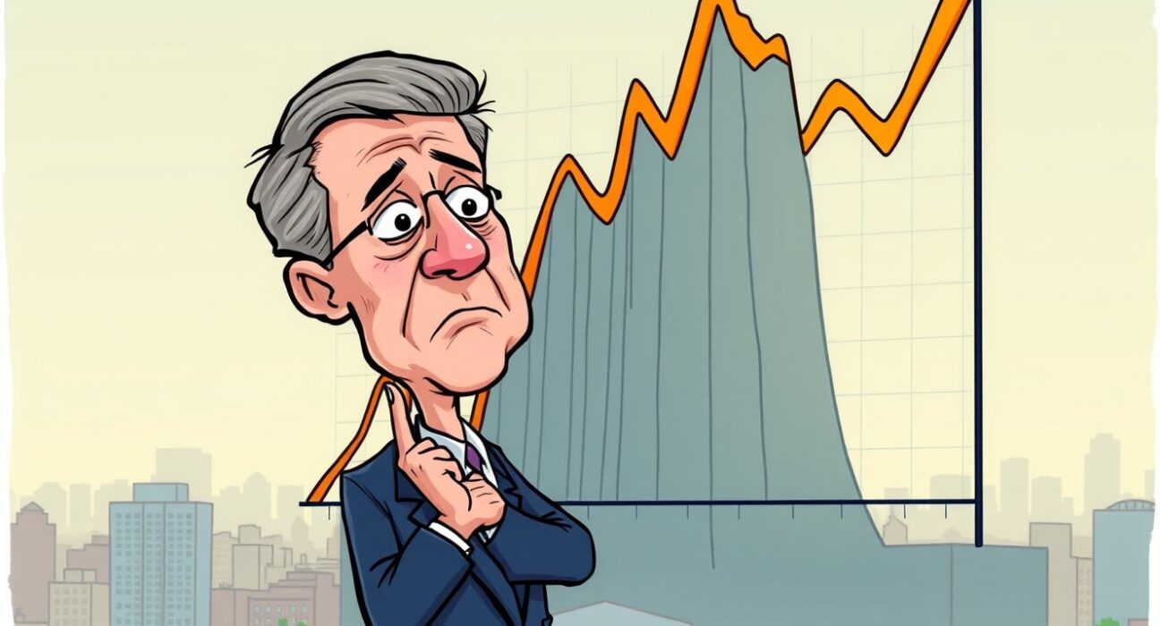 Cartoon Jerome Powell observing unusually high stock market valuations, signaling potential economic concerns.