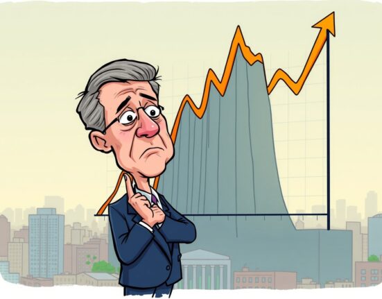 Cartoon Jerome Powell observing unusually high stock market valuations, signaling potential economic concerns.