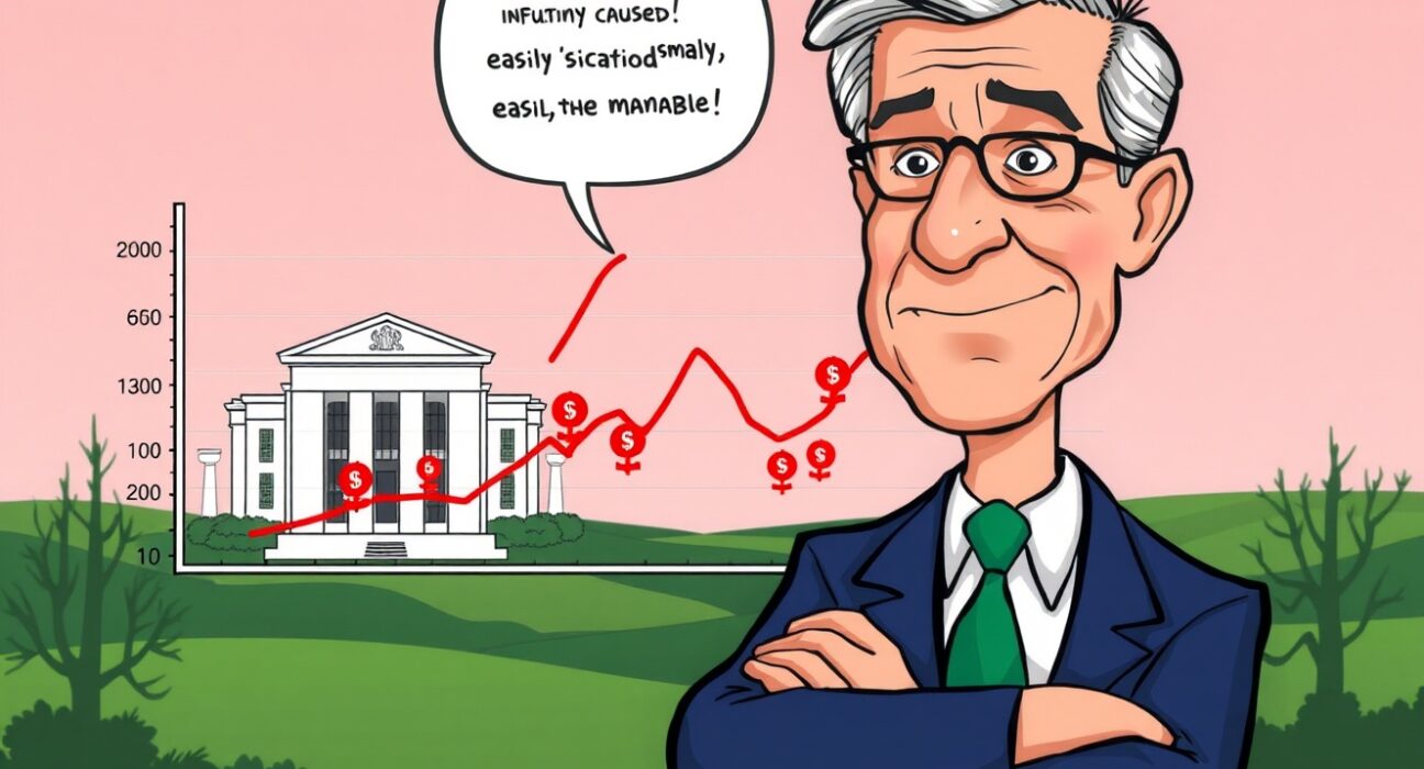 Cartoon of Jerome Powell confidently explaining the temporary nature of **tariff-driven inflation** to a calm market.