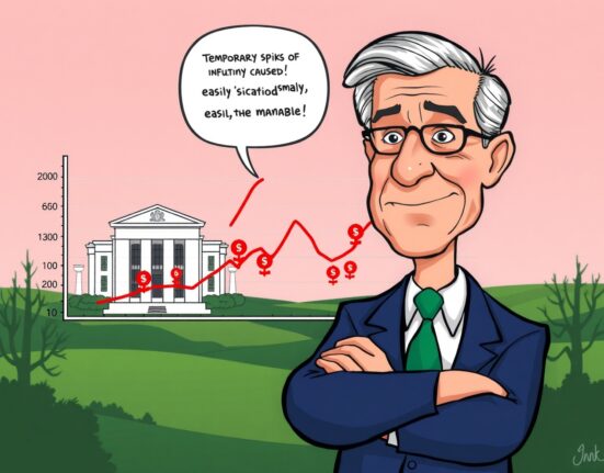Cartoon of Jerome Powell confidently explaining the temporary nature of **tariff-driven inflation** to a calm market.