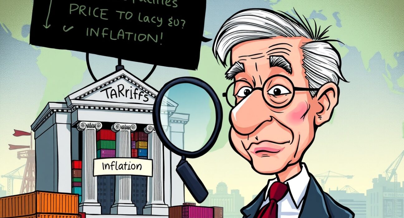 Jerome Powell monitoring economic data, highlighting the short-term tariffs and inflation impact on global markets.