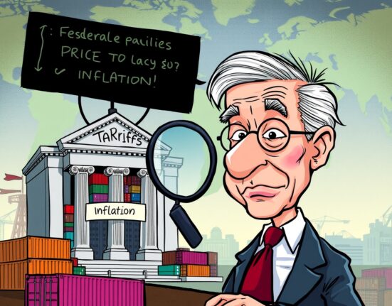 Jerome Powell monitoring economic data, highlighting the short-term tariffs and inflation impact on global markets.