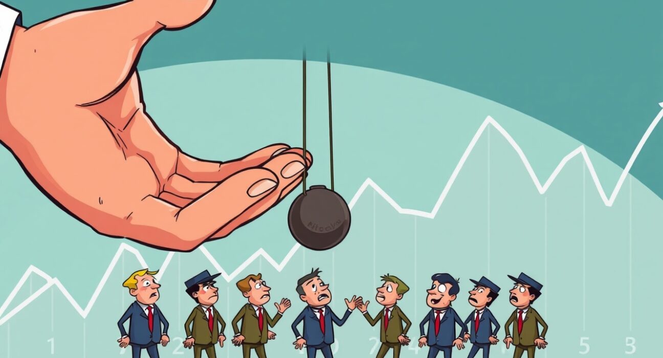 A cartoon illustrating Federal Reserve policy potentially causing a labor market shock with a heavy hand over nervous workers.