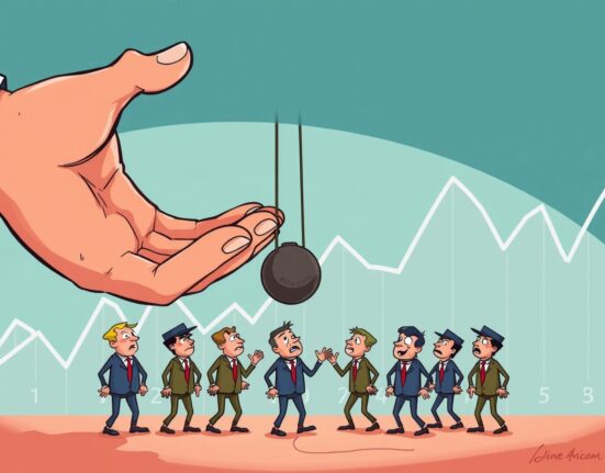 A cartoon illustrating Federal Reserve policy potentially causing a labor market shock with a heavy hand over nervous workers.