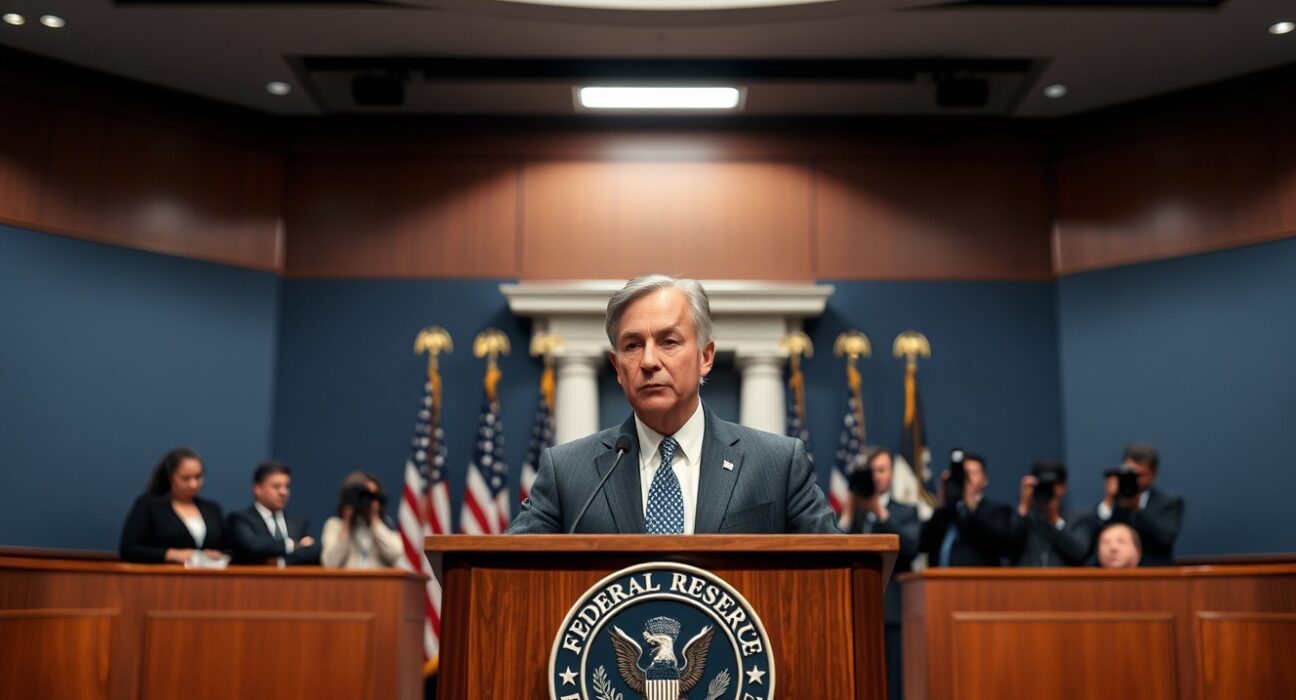 Federal Reserve Chair Jerome Powell speaking at a press conference in Washington, D.C.