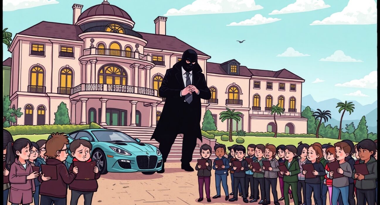 Cartoon illustration showing a lavish home built on the backs of defrauded investors, symbolizing the devastating impact of a crypto Ponzi scheme.