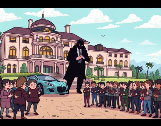 Cartoon illustration showing a lavish home built on the backs of defrauded investors, symbolizing the devastating impact of a crypto Ponzi scheme.