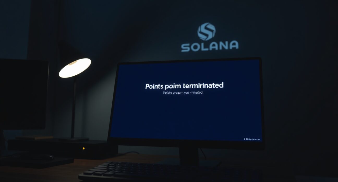 Digital screen displaying termination notice for Pragmatic points program with Solana blockchain theme