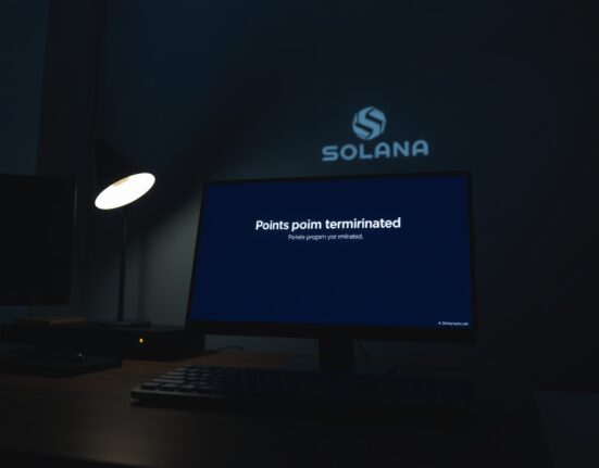Digital screen displaying termination notice for Pragmatic points program with Solana blockchain theme