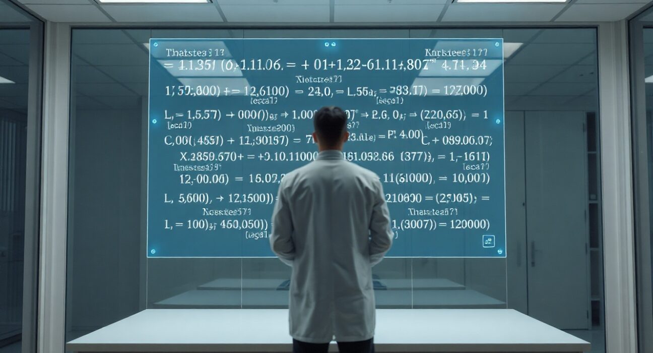 Scientist or engineer in lab coat working with digital mathematical code on a transparent screen in a modern lab setting.