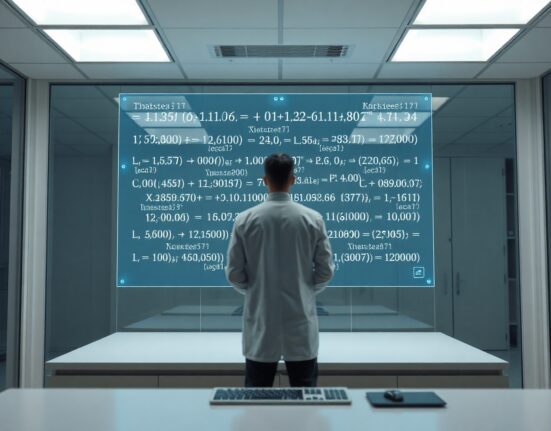 Scientist or engineer in lab coat working with digital mathematical code on a transparent screen in a modern lab setting.