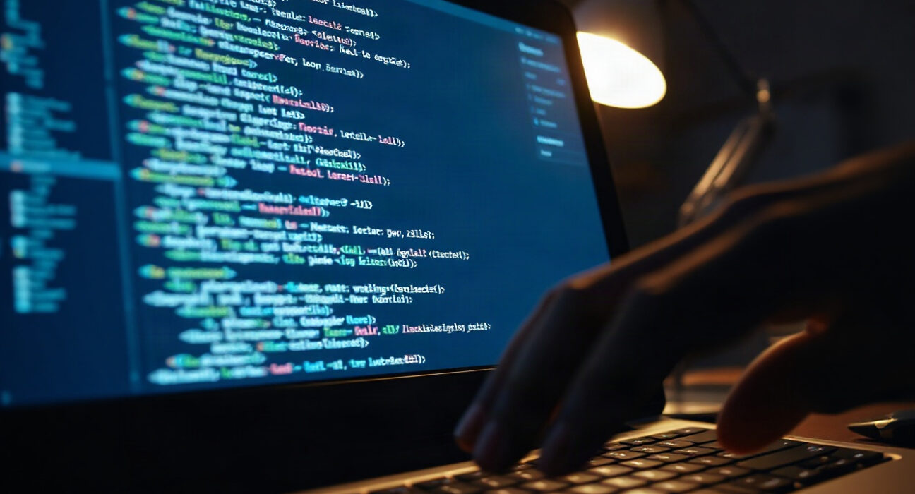 Computer screen with code and digital wallet interface in a dark room, representing the CryptoJS vulnerability exploit.