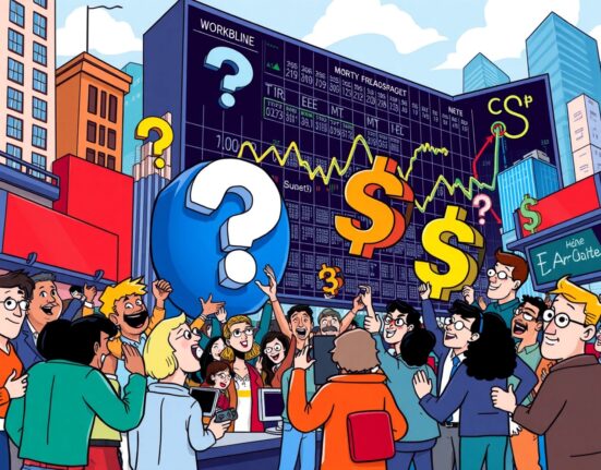 A vibrant cartoon prediction market scene showing crowd wisdom outperforming traditional finance on inflation forecasts.