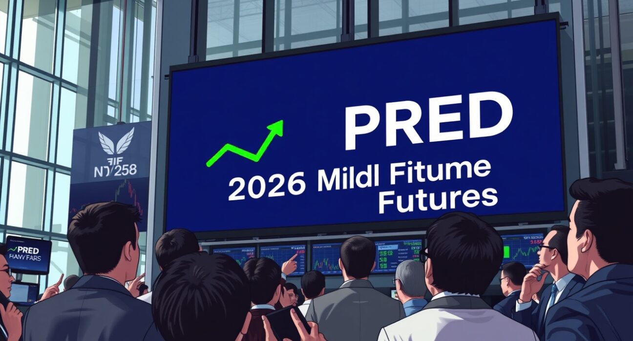 Traders on a stock exchange floor looking at a large digital board displaying the new prediction market ETF ticker symbol PRED and midterm election futures.