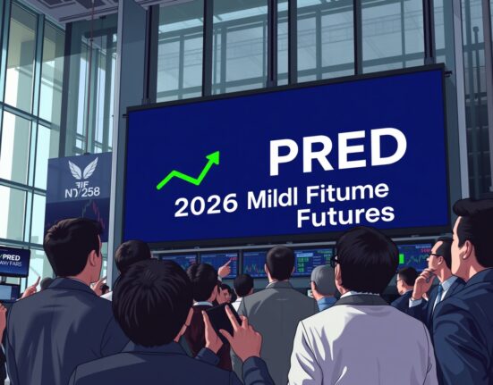 Traders on a stock exchange floor looking at a large digital board displaying the new prediction market ETF ticker symbol PRED and midterm election futures.