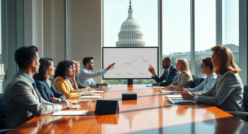 Professionals in a Washington D.C. conference room discussing prediction market policy