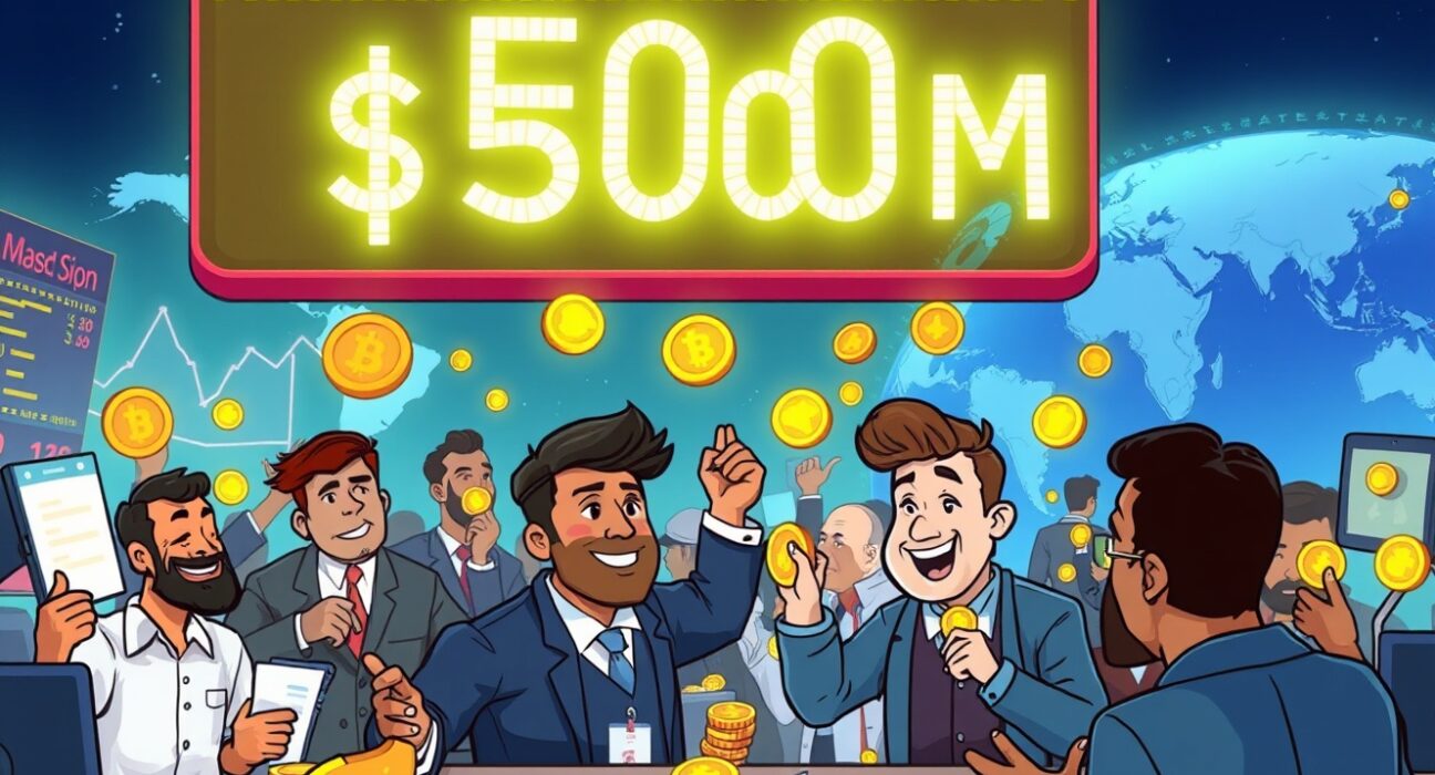 Animated scene of a bustling global prediction market platform hitting a $500 million daily volume milestone.