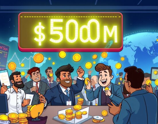 Animated scene of a bustling global prediction market platform hitting a $500 million daily volume milestone.