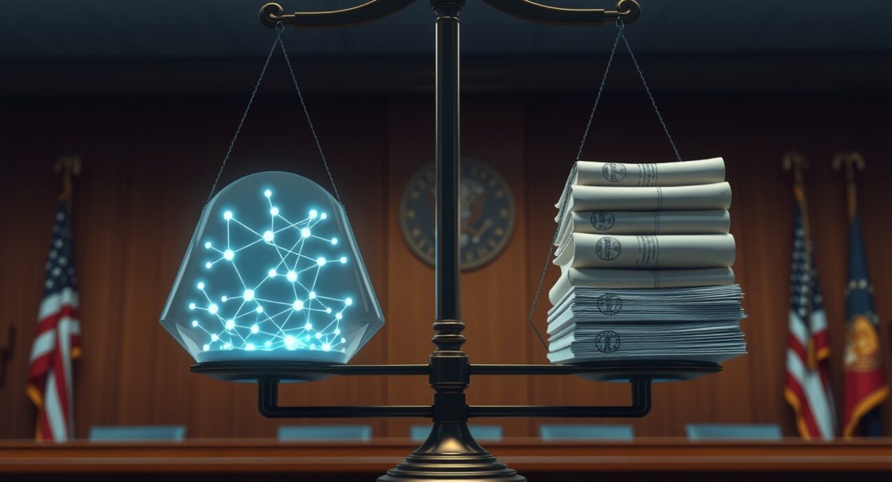 Prediction market regulation illustration showing a blockchain scale against state legal documents in a hearing room.