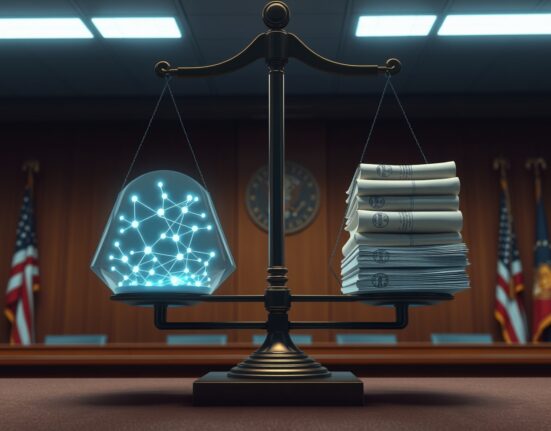 Prediction market regulation illustration showing a blockchain scale against state legal documents in a hearing room.