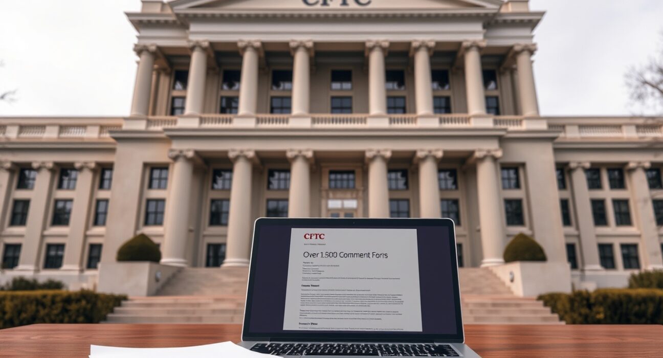 CFTC headquarters building with a desk and comment letters in foreground, illustrating prediction market rules debate.