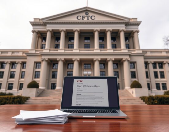 CFTC headquarters building with a desk and comment letters in foreground, illustrating prediction market rules debate.