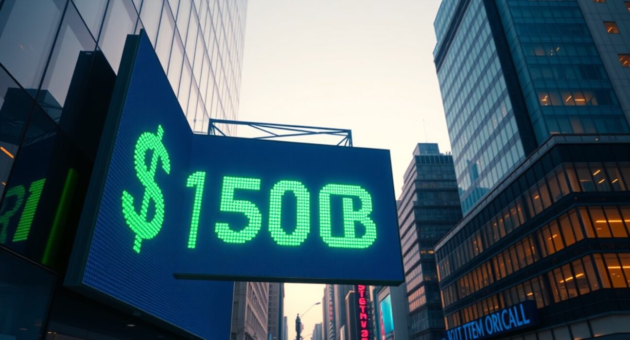 Polymarket and Kalshi cumulative trading volume surpasses $150B milestone, displayed on a financial scoreboard.