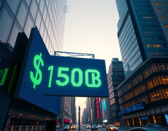 Polymarket and Kalshi cumulative trading volume surpasses $150B milestone, displayed on a financial scoreboard.