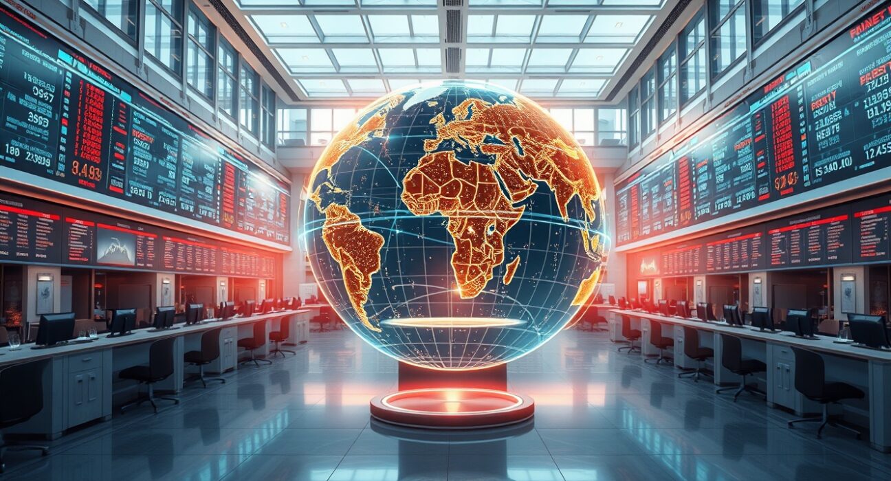 Prediction market trading floor with real-time data visualization showing record transaction volume growth