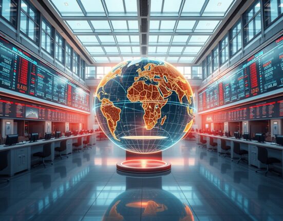 Prediction market trading floor with real-time data visualization showing record transaction volume growth