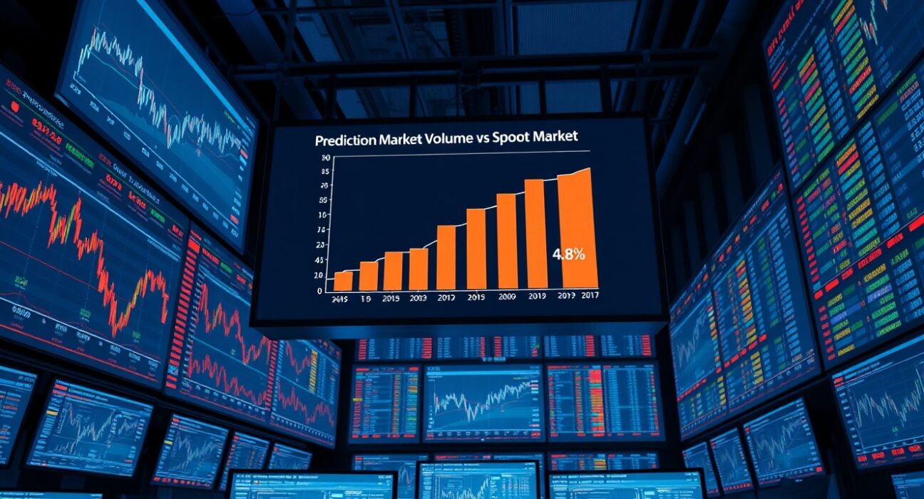 Digital trading floor with screens showing prediction market volume surging to nearly 5% of crypto spot market.