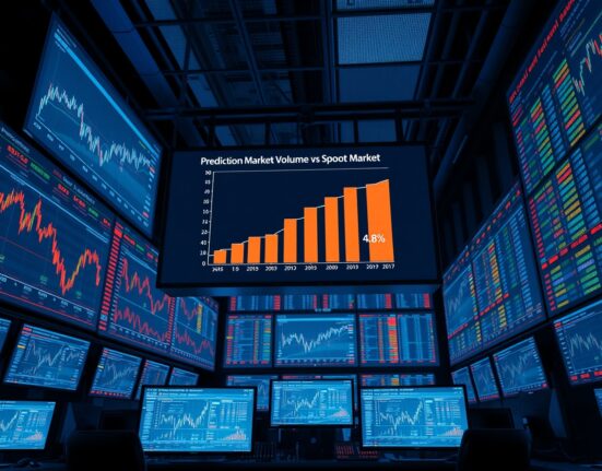 Digital trading floor with screens showing prediction market volume surging to nearly 5% of crypto spot market.