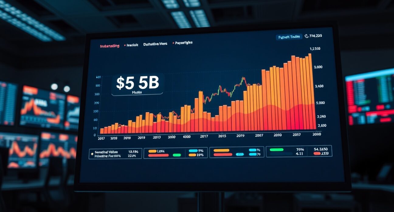 Financial dashboard showing prediction market trading volume growth with upward trend charts