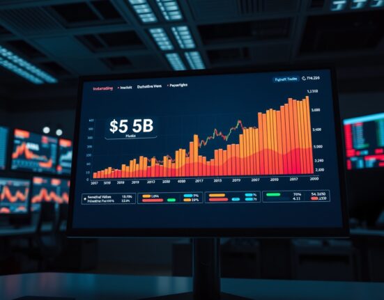 Financial dashboard showing prediction market trading volume growth with upward trend charts