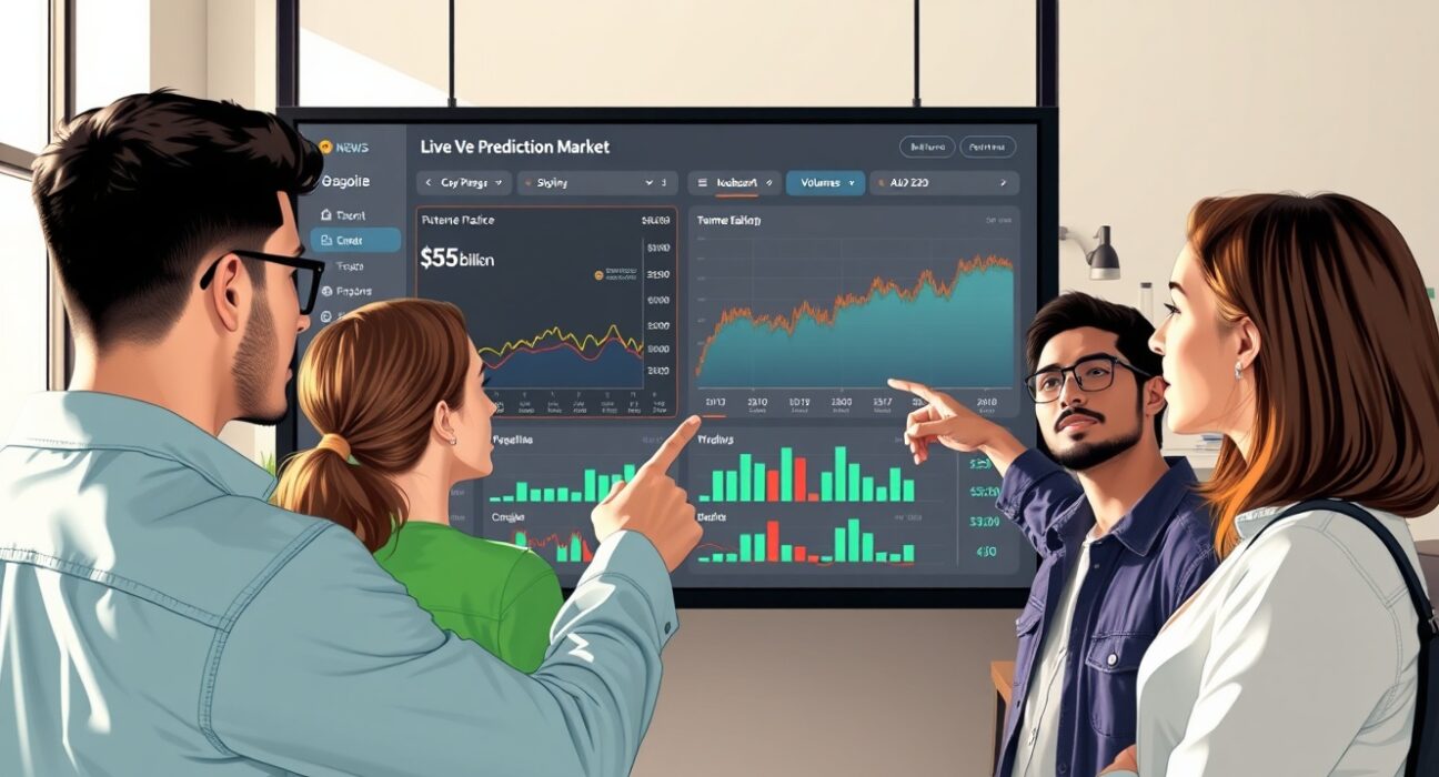Retail investors analyze prediction market volume data on a digital dashboard, highlighting Bitcoin's leading role in crypto prediction markets.