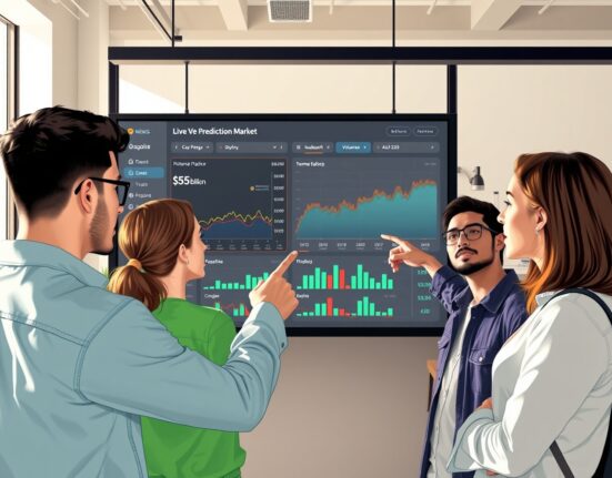 Retail investors analyze prediction market volume data on a digital dashboard, highlighting Bitcoin's leading role in crypto prediction markets.